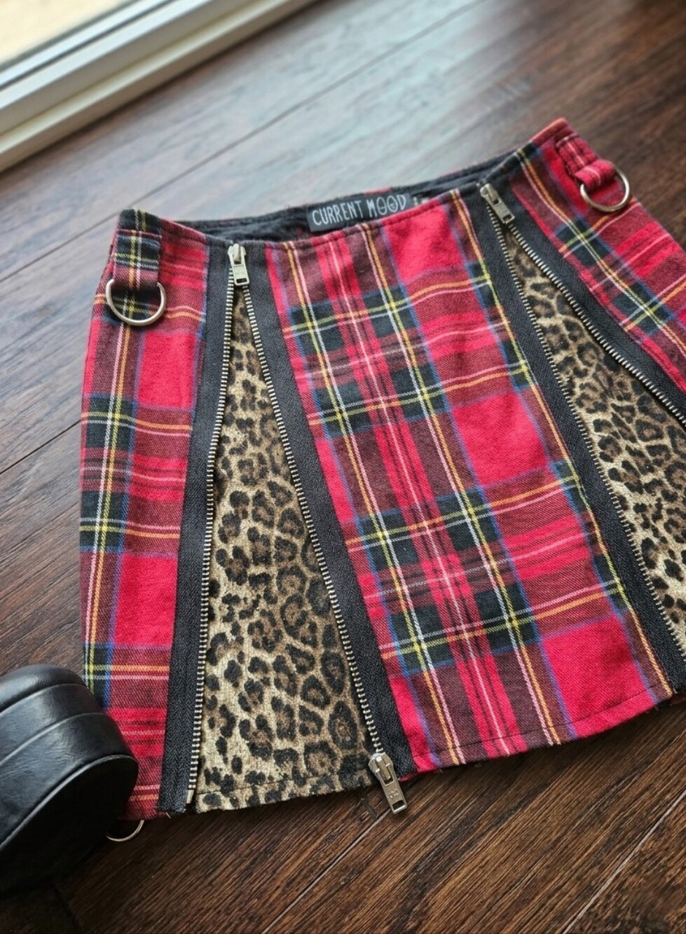 Current Mood Dolls Kill Plaid & Leopard Mixed Media Zipper Mini Skirt - XL
